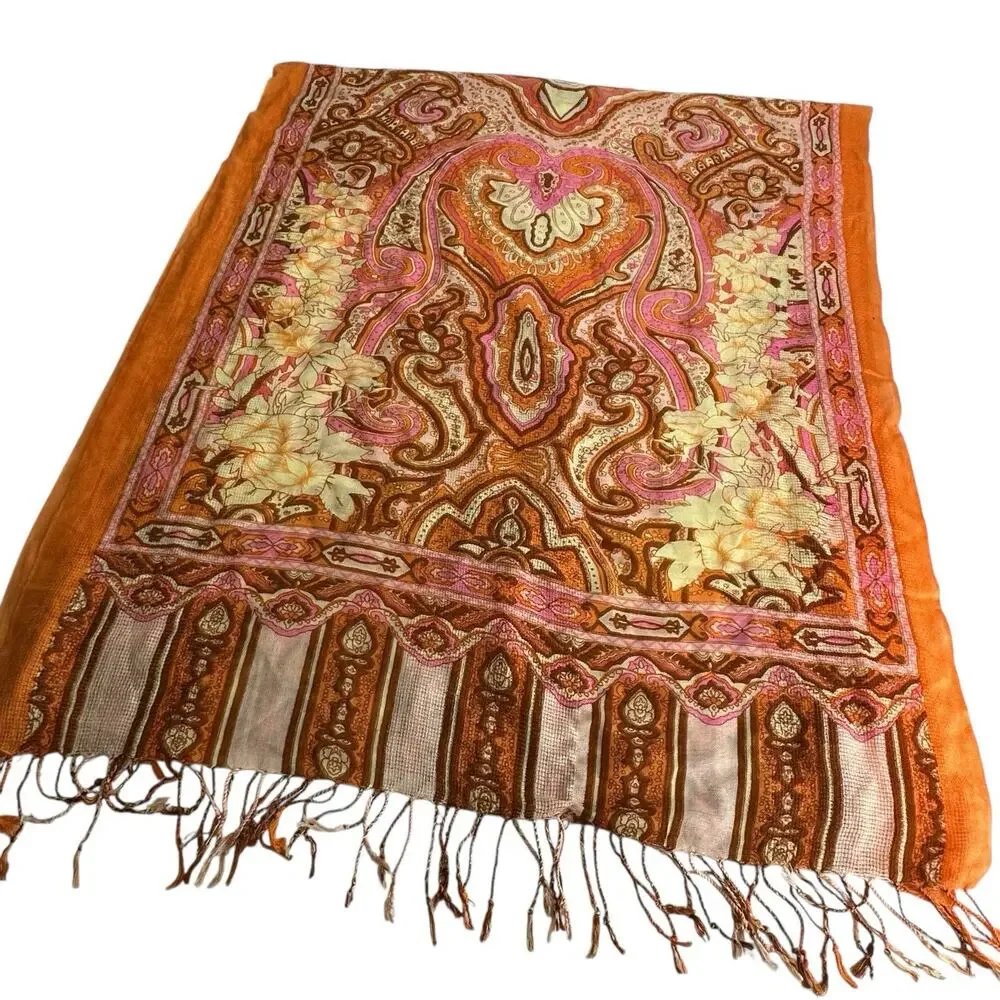 Paisley Fringe Wrap Scarf in Burnt Orange and Pink